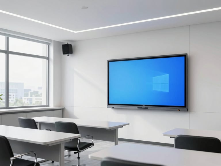 Bright modern classroom with an interactive touch display active on the front wall, clean minimalist desks, natural light pouring in from large windows, professional educational environment.