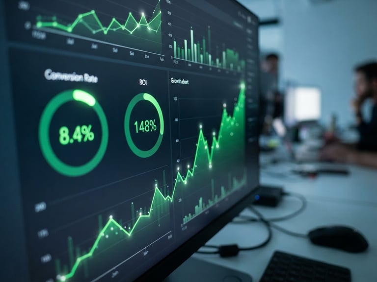 Macro shot of a high-contrast digital advertising dashboard showing conversion rates and green growth charts on a dark screen, cool office daylight, shallow depth of field