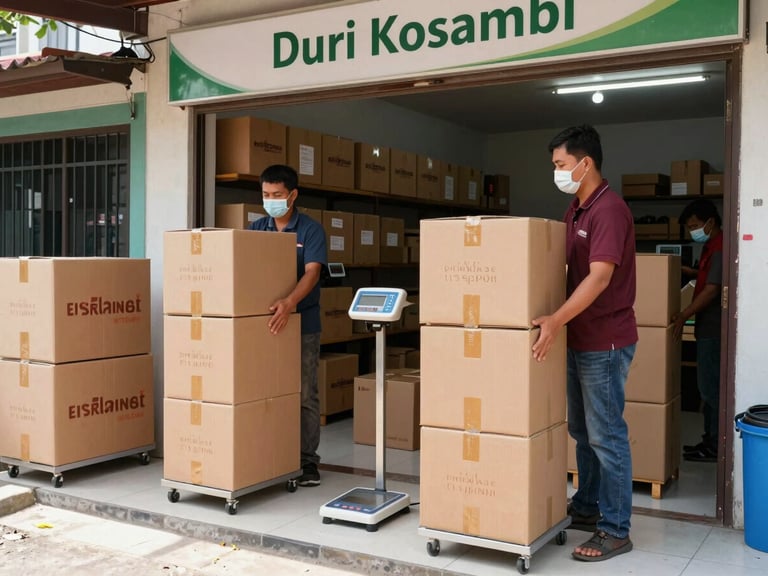 Bright realistic photography of a local Indonesian logistics storefront in Duri Kosambi, staff weighing heavy boxes on digital scales, natural daylight, sharp focus, 35mm lens