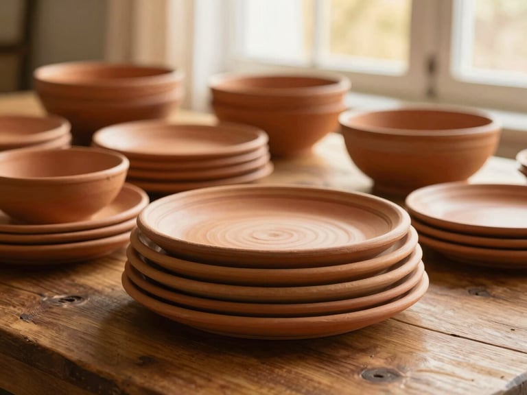 Stacked handmade terracotta plates and bowls on a rustic wooden dining table, warm soft golden-hour light, shallow depth of field, 35mm