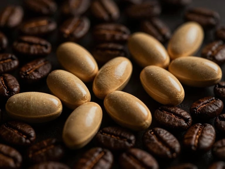 Macro shot of catechin molecules interacting with coffee compounds, minimalist and elegant, warm golden light, dark background, dark moody editorial photography, dramatic low-key lighting, deep espresso and warm gold tones, macro lens
