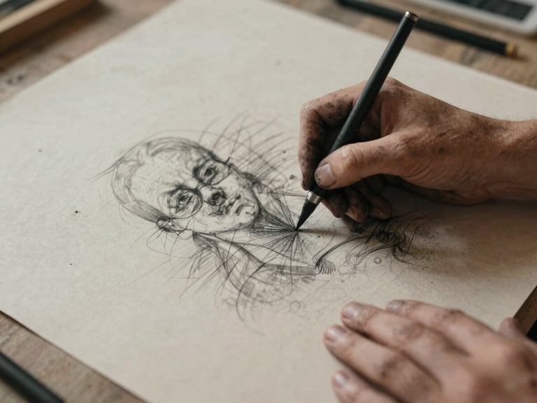 Candid medium-format photograph of hands covered in charcoal dust sketching on a large textured paper sheet, warm side-lighting