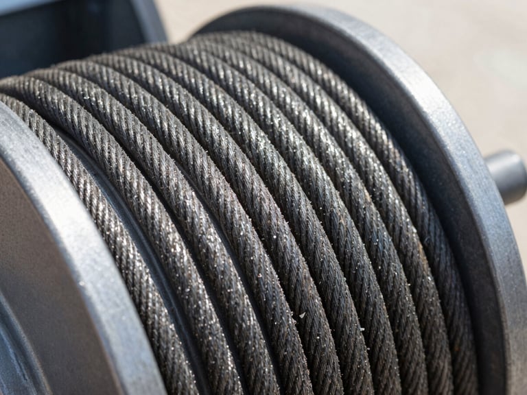 Close-up of a new garage door lift cable, taut and clean, against a dark metal drum, bright natural daylight.