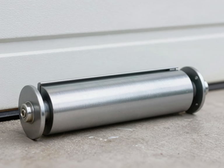 Macro shot of a heavy-duty garage door roller, new and lubricated, ready for installation, clean industrial tones.