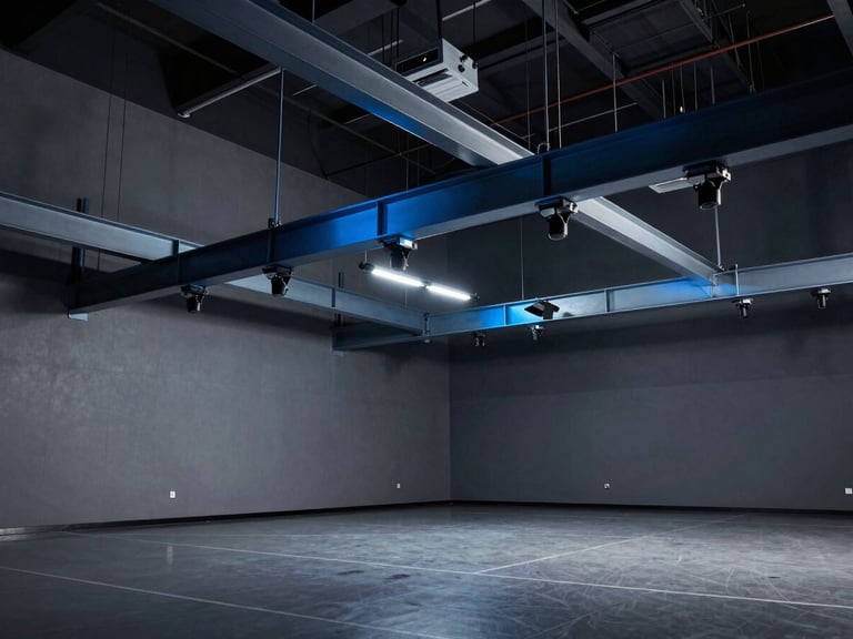 Wide environmental shot of an elite indoor training lab with motion capture cameras mounted on structural steel beams, cool blue lighting.