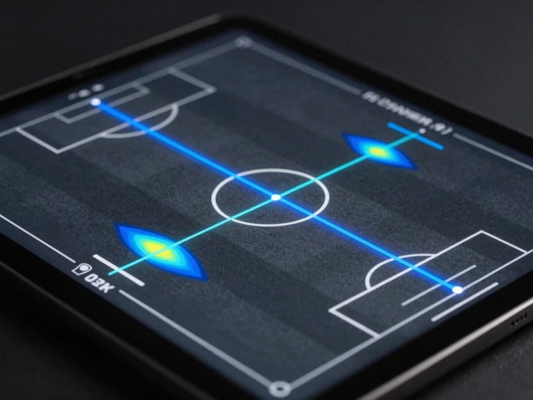 Close-up of a tablet interface showing dynamic athlete velocity vectors and heatmaps on a dark soccer pitch, cool blue accents, sharp focus.