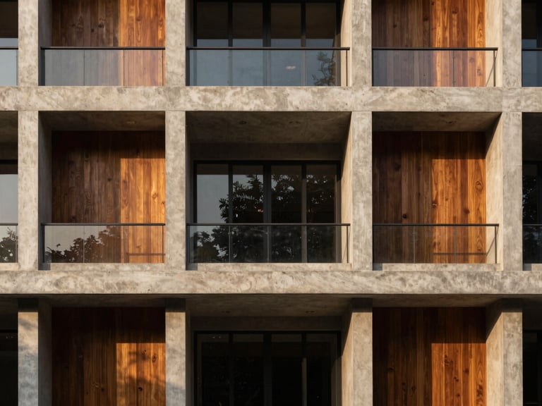 Symmetrical modern luxury architectural facade in Bangalore, clean lines, concrete and warm timber accents under crisp afternoon sun, high-end editorial style.