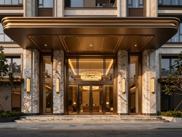 Elegant architectural rendering of a luxury residential tower entrance, marble pillars, warm ambient lighting