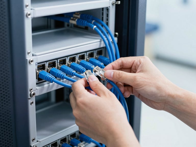 Hands of a professional technician installing blue ethernet cables into a clean, organized server rack, bright cool-toned technical lighting, 35mm