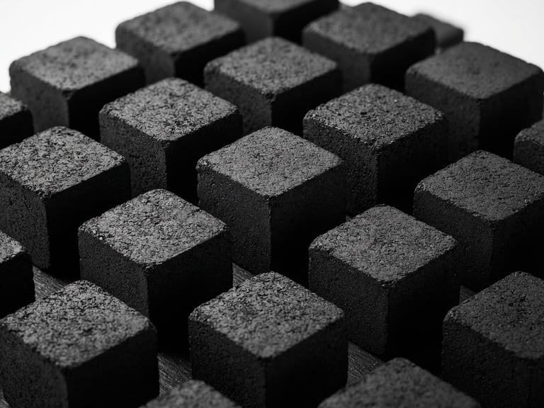 Extreme close-up macro shot of premium cube-shaped coconut charcoal briquettes, high-contrast studio lighting, sharp dust-free edges, deep charcoal tones.