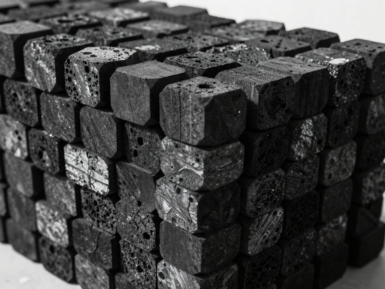 A stack of hexagonal and pillow-shaped charcoal briquettes in an industrial warehouse, sharp high-contrast lighting, clean edges.