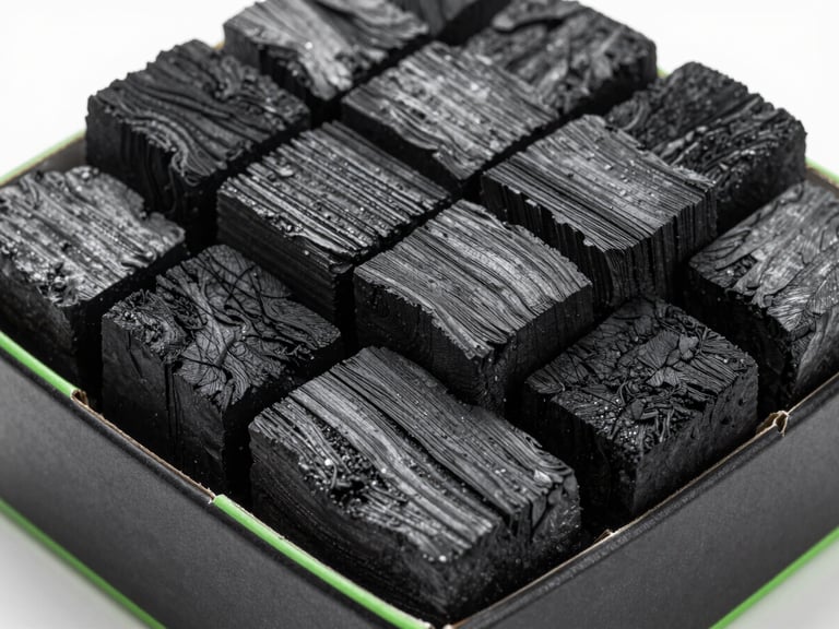 Stark high-contrast studio macro shot of stacked charcoal briquettes in custom printed cardboard boxes, sharp edges, clean black packaging with green accents