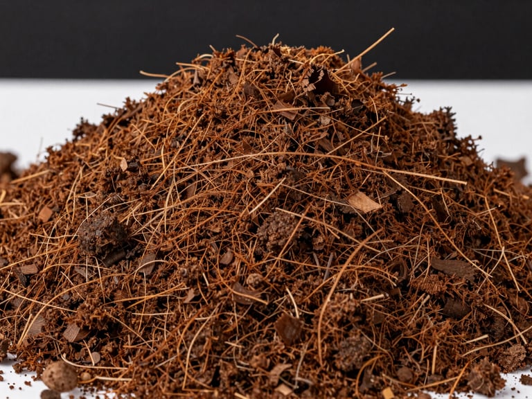 Close-up of rich, textured organic coco peat fibers, sharp focus, natural brown tones against a clean dark industrial background.