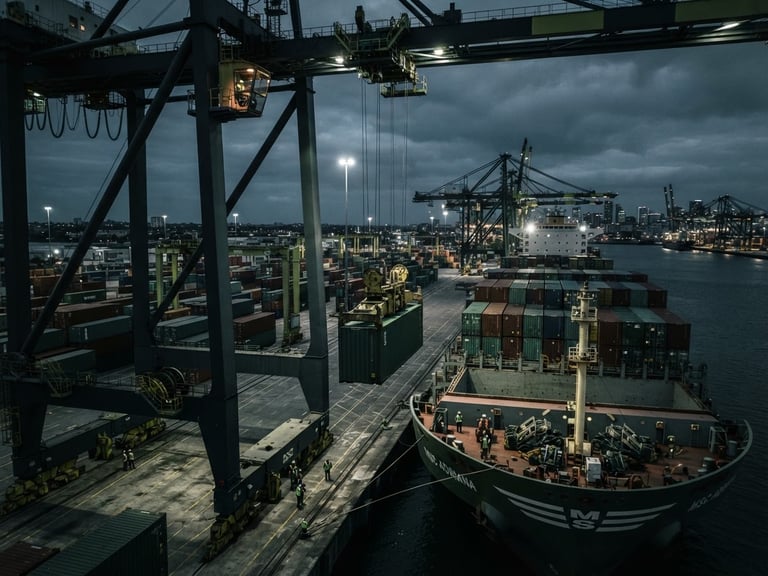Stark high-contrast industrial shot of a container ship being loaded at a modern seaport terminal, crisp lighting, deep charcoal and green tones