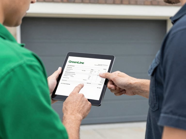A close-up shot of a GreenLine Garage Door's Repairs Team technician pointing to an item on a digital tablet, showing a clear invoice to a customer, bright natural daylight, clean green and charcoal tones, sharp focus, 35mm.