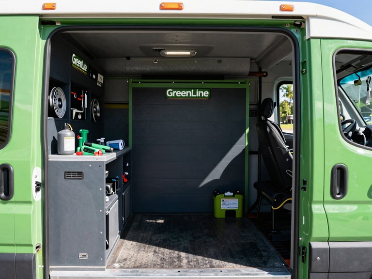 Interior shot of a GreenLine Garage Door's Repairs Team service truck, neatly organized with various garage door parts, tools, and equipment, bright natural daylight, clean green and charcoal tones, sharp focus, 35mm.