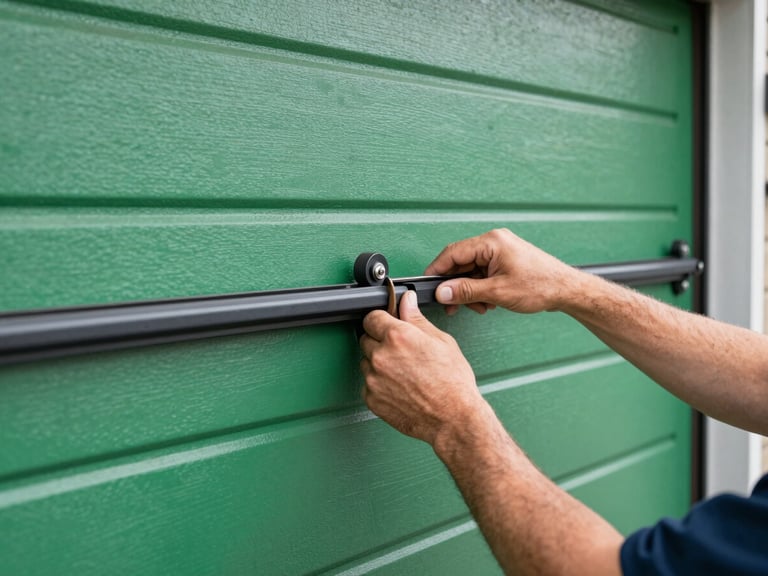 Close-up of a GreenLine Garage Door's Repairs Team technician's hands expertly adjusting a garage door roller on a track, focused and precise, bright natural daylight, clean green and charcoal tones, sharp focus, 35mm.
