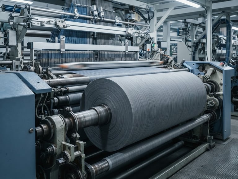 Clean industrial photography of fabric roll spinning on high-speed automated loom, bright neutral studio lighting, cool blue and gray tones