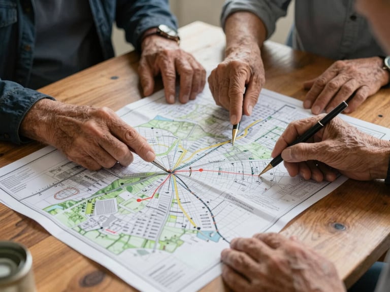 Hands of community elders and diaspora landholders reviewing physical land surveys and maps on a wooden table, soft natural light.