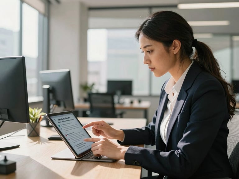 Modern sunlit office in Santiago, an HR manager reviewing eye-care benefit options on a tablet, natural daylight, professional and clean aesthetic.