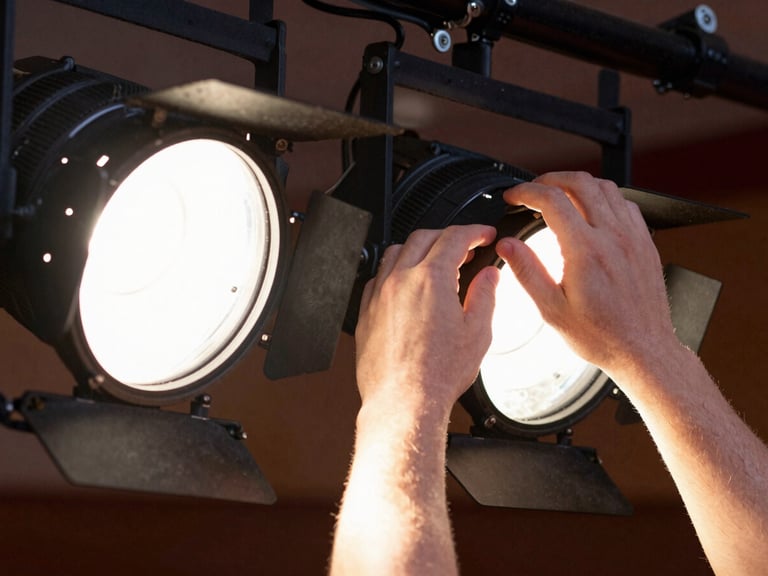 Dynamic close-up of hands adjusting stage lights in a warm theater setting, shallow depth of field, vibrant documentary style, 50mm lens.