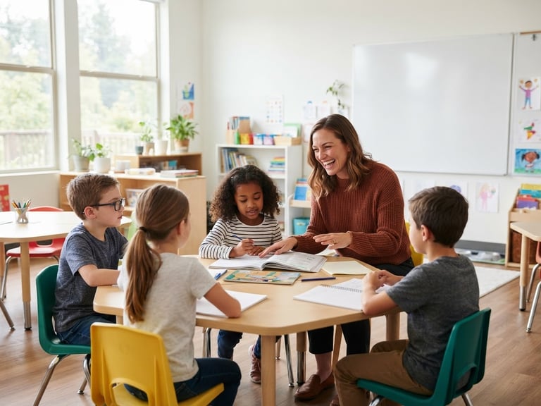 Bright modern classroom filled with natural daylight, a teacher interacting with students, clean whiteboard, high-key editorial photograph, 35mm