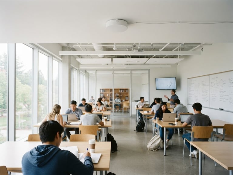 Bright modern classroom filled with natural daylight, a low-profile sensor mounted on a clean white ceiling, soft shadows, 35mm