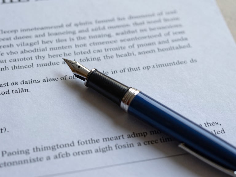 Close-up of a fountain pen resting on heavy archival paper, official legal document text visible, neutral crisp daylight, deep blue tones