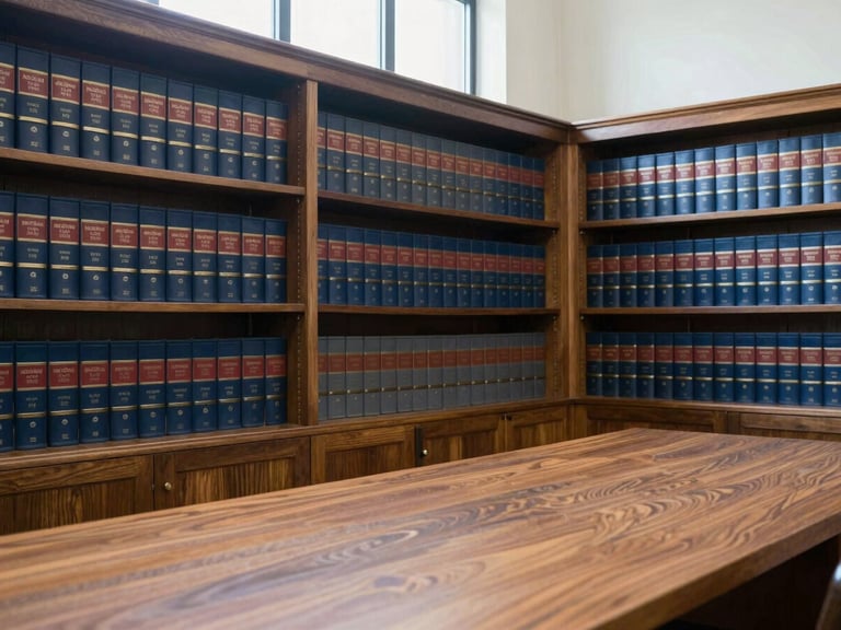 Empty wood-paneled law library room, long oak table, rows of leather-bound legal archives, soft natural window light, professional atmosphere