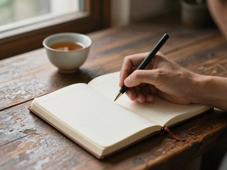 Close-up of a hand writing in a travel notebook on a worn wooden table, a small ceramic cup of tea beside it, soft window light from the left casting gentle shadows, intimate and unhurried, no text visible