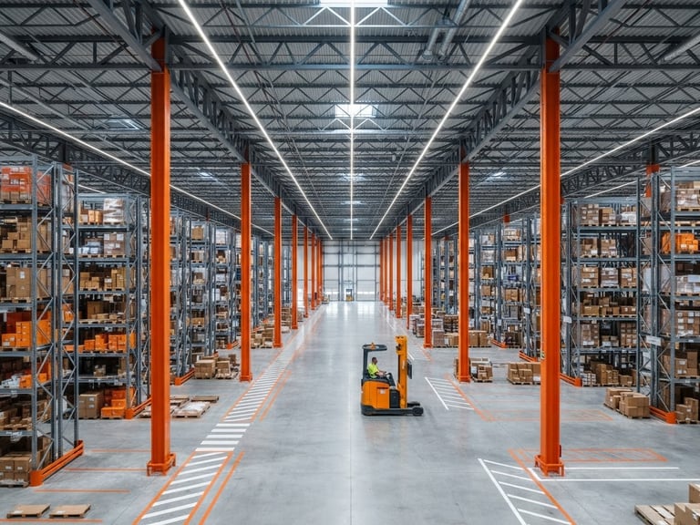 Wide-angle architectural perspective of a massive clean warehouse interior, cool steel tones with high-contrast safety-orange structural columns, sharp lighting