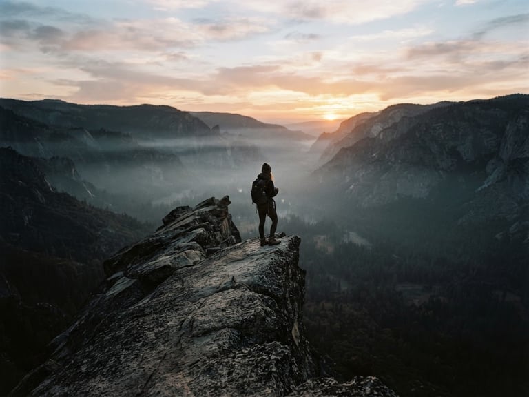 A solitary figure standing on a rugged granite ridge at sunrise, vast misty forest valley below, dramatic low-key natural morning light, desaturated forest greens, 35mm film grain.