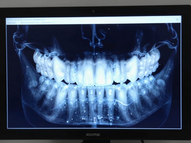 High-contrast clinical screen displaying a 3D dental jaw render with electric blue diagnostic overlays, medical software interface, dark navy background