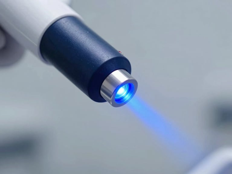 A precision laser dental tool emitting a focused blue light beam in a sterile, high-tech clinical environment, macro photography