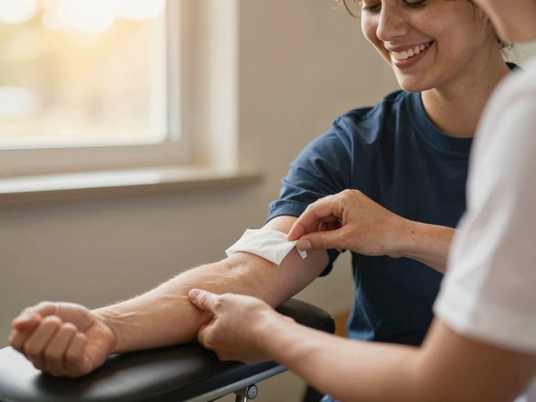 Close-up of a volunteer smiling warmly during a blood donation, soft golden-hour light filtering through a window, focus on hands-on care and community connection