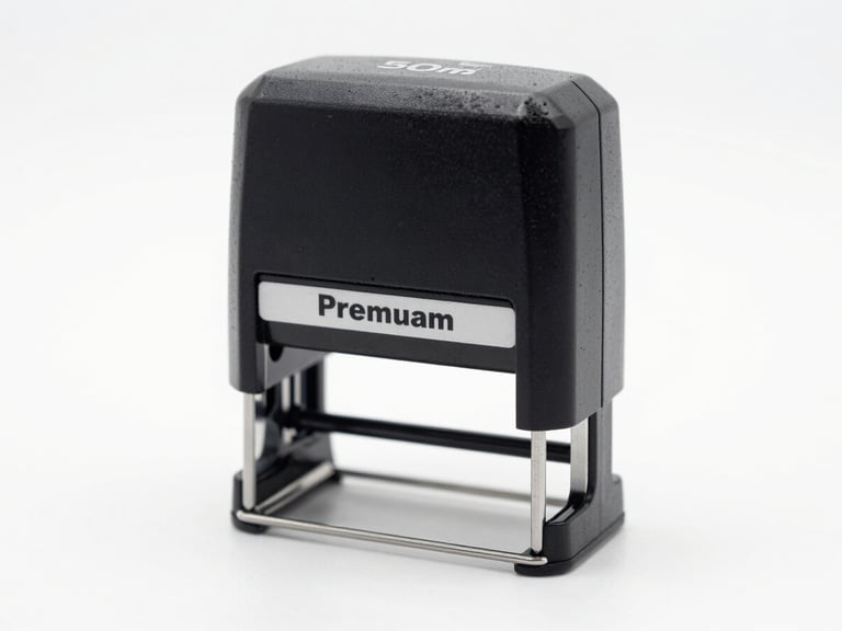 Macro close-up of a premium self-inking stamp mechanism on a clean white desk, sharp focus, bright studio lighting, 50mm
