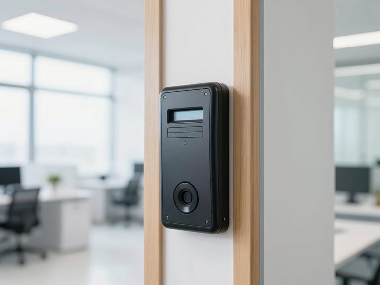 A close-up of a professional security access card reader on a clean wooden frame, sharp focus, bright natural side lighting, pristine modern office interior background