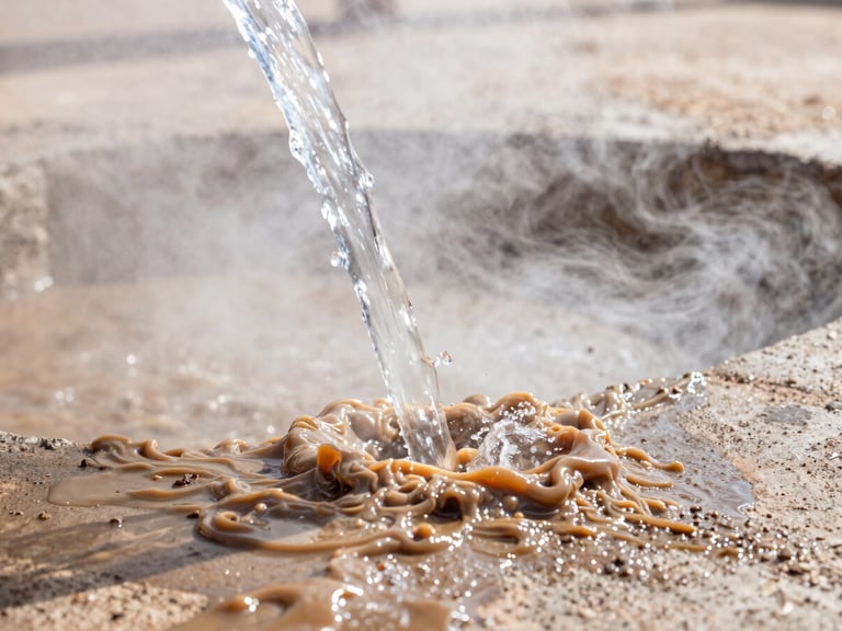 Extreme close-up of a high-pressure thermal water stream slicing through thick grease on concrete, steam rising, bright desert sunlight, sharp action photography, 35mm
