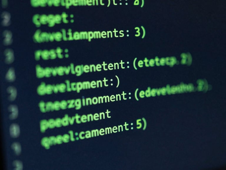 Macro close-up of clean development code on a dark monitor with neon green syntax highlighting, cool-toned screen-glow, sharp focus.