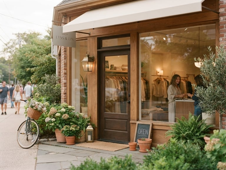 Warm, natural window-lit portrait of the Shop Lyss & Lin Smithtown headquarters exterior, soft light, inviting entrance, subtle branding.