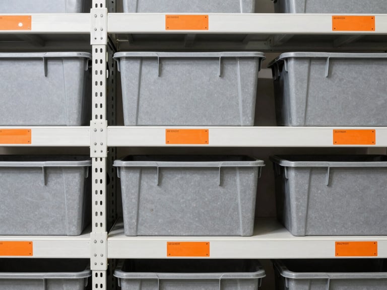 Overhead flat-lay of organized warehouse shelves with bright high-key industrial lighting, technical slate gray bins, and clean safety orange labels, sharp focus, 35mm lens