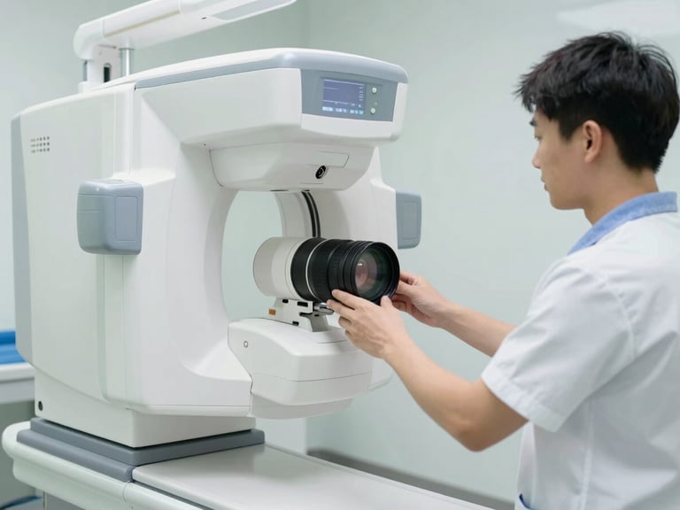 Modern digital X-ray machine in a clean hospital room, professional medical technician operating it, bright clinical lighting, 35mm lens, soft clinical tones.