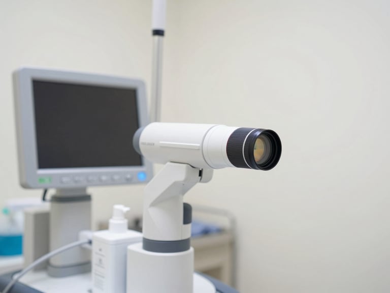 Endoscopy equipment with a clean, sterile environment, focus on the scope and monitor, bright clinical lighting, 35mm lens, soft clinical tones.