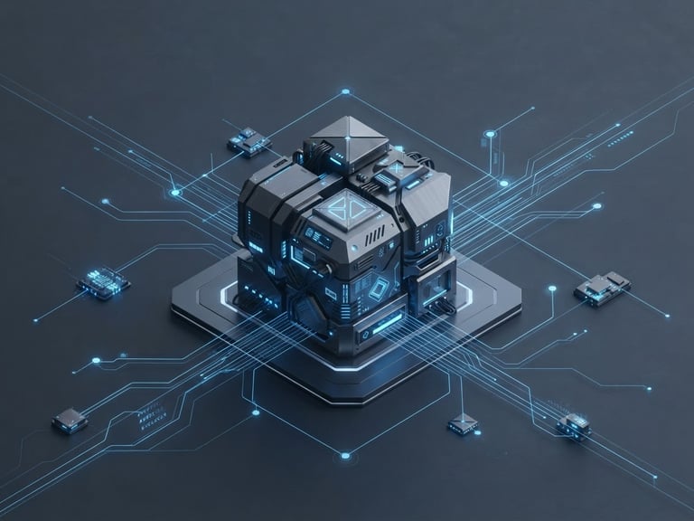 Minimalist 3D render of a secure cloud server node, glowing blue connections, slate background, isometric perspective, octane render