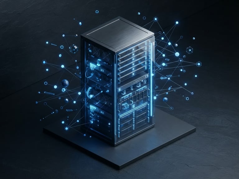 minimalist 3D render, clean tech illustration of a glowing server rack with soft blue light, floating network nodes, isometric perspective, slate background, octane render