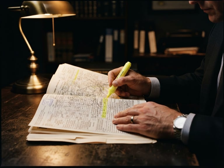 Close-up of a lawyer's hands examining a detailed transit record file with a yellow highlighter under a warm desk lamp, dark moody legal office background, 35mm photography