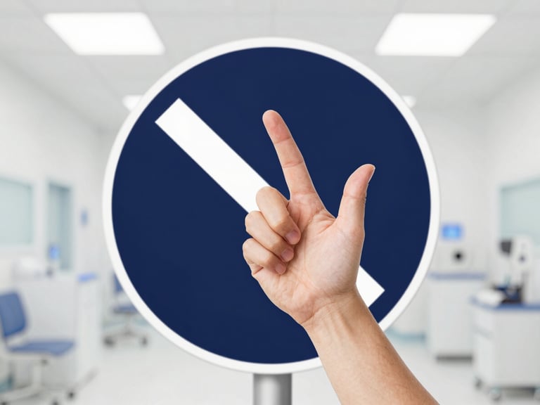 Abstract image of a 'stop' sign or a hand gesturing 'no' in a clean, clinical setting, subtly conveying caution without being alarming.