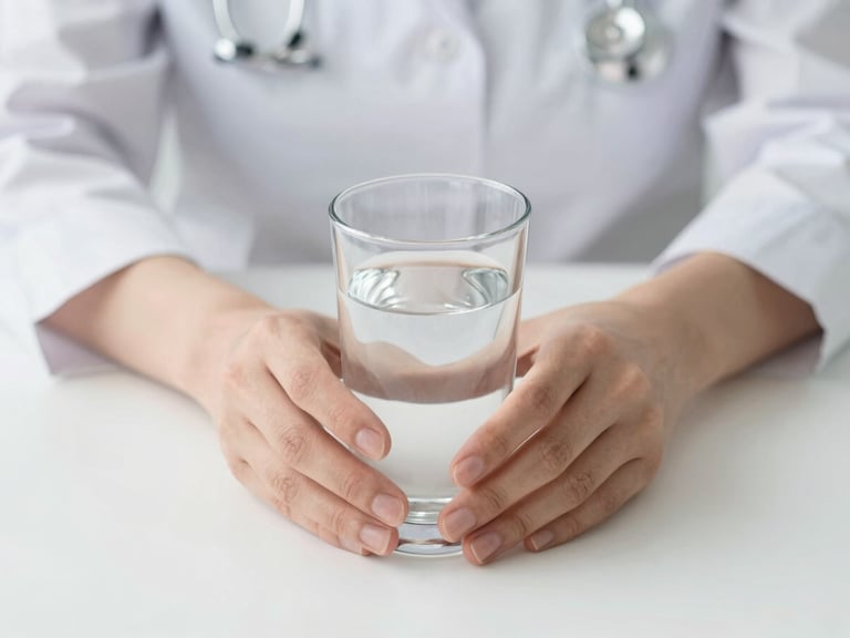Close-up of a pair of hands gently holding a glass of water on a clean white table, soft neutral daylight, sterile environment.