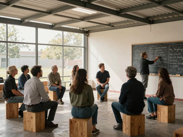 Wide community-space shot: a circle of adults seated on low wooden stools inside a open-walled meeting structure, one person at the front pointing to a handwritten list on a chalkboard, afternoon light filtering through the gaps in the roof, faces in active conversation