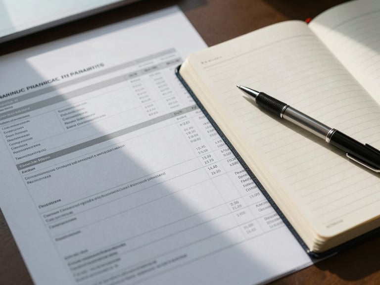 Overhead close-up of a financial planning work surface: a printed account statement beside an open ledger, a pen resting mid-page, natural daylight from a window casting soft shadows across the documents, cool overcast tone